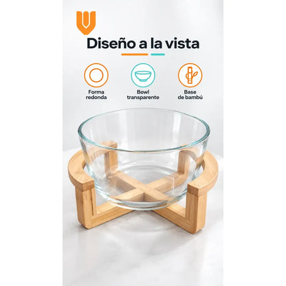 Bowl Vidrio Ensaladera Redonda Base Madera Bambu 18cm Transparente Base Bambu Bowl Redondo Vidrio Transparente Base Bambú Natural Soporte Cruzado Ensaladera Mesa Cocina 18cm