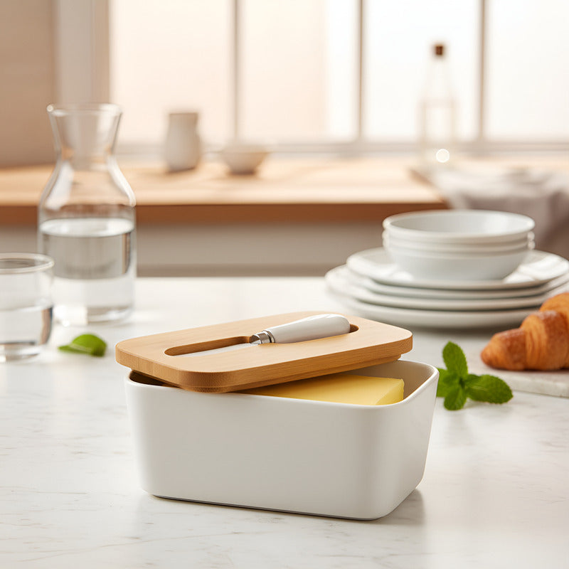 Mantequillero Ceramica Tapa Bambu Cuchillo Mantequilla Bambu