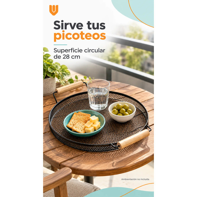 Bandeja Circular Metal Negro Asas Madera Desayuno 28cm Negro Bandeja Circular Redonda Malla Metal Asas Madera Base Calada Borde Bajo Servicio Desayuno Once Café Té Cocina 28cm