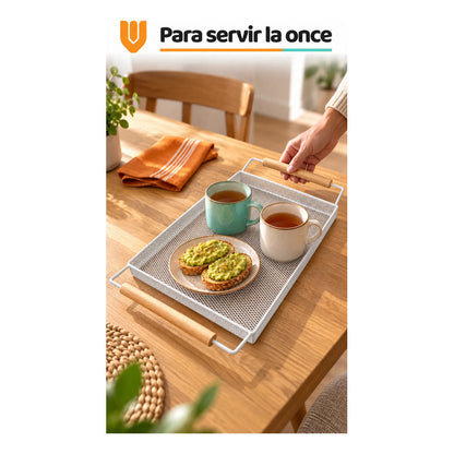 Bandeja Rectangular Metal Blanca Asas Madera Desayuno 44cm Blanco Bandeja Rectangular Malla Metal Asas Madera Base Calada Borde Elevado Servicio Desayuno Once Café Cocina Comedor 44cm-color Blanco