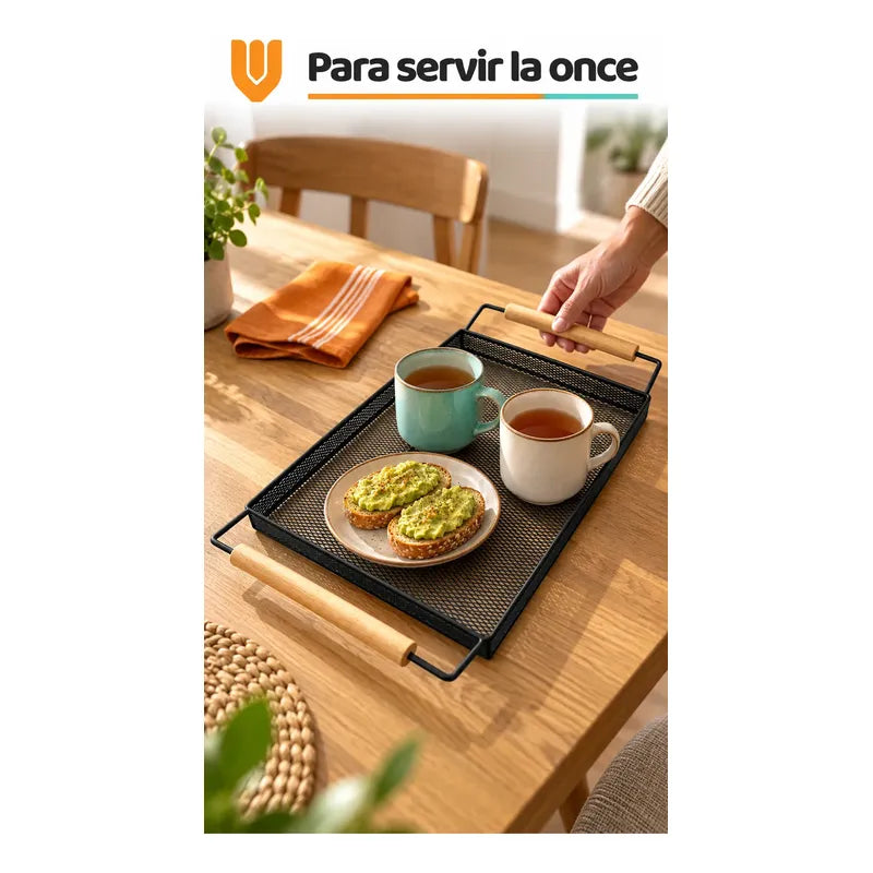 Bandeja Rectangular Metal Negro Asas Madera Desayuno 44cm Negro Bandeja Rectangular Malla Metal Asas Madera Base Calada Borde Elevado Servicio Desayuno Once Café Cocina Comedor 44cm-color Negro