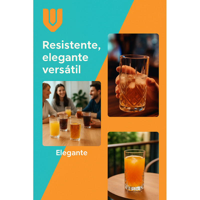 Set 6 Vasos Vidrio Altos Vaso Cristal Tallados Bebidas 380ml