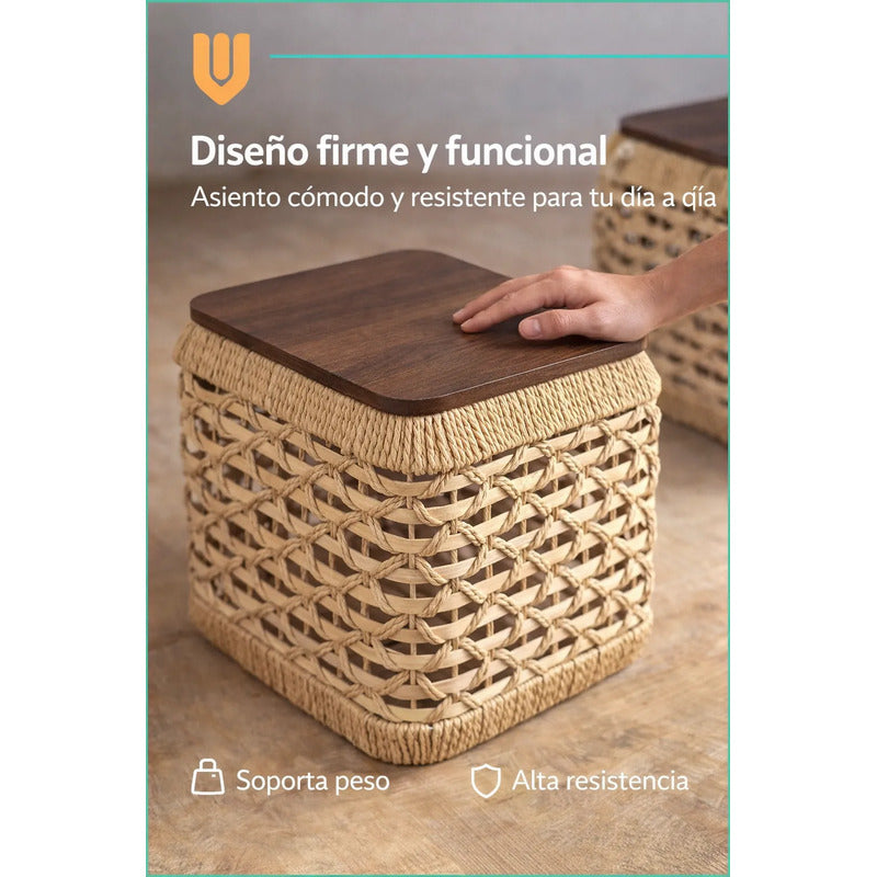 Mesas Centro Nido Ratan Puf 69x69x35 Bambú Madera Natural Marron Claro Natural Bambu Madera Tono Organico Acabado Mate Textura Ratan Visible Estilo Nordico Decoracion Hogar