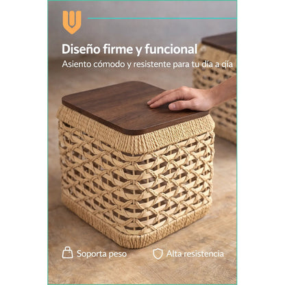 Mesas Centro Nido Ratan Puf 69x69x35 Bambú Madera Natural Marron Claro Natural Bambu Madera Tono Organico Acabado Mate Textura Ratan Visible Estilo Nordico Decoracion Hogar