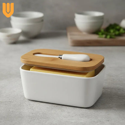 Mantequillero Ceramica Tapa Bambu Cuchillo Mantequilla Bambu