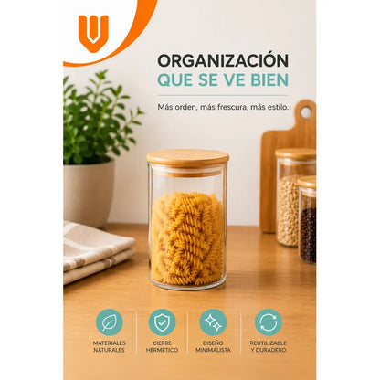 Frasco Vidrio Hermetico Bambu Conservero Hogar Cocina 300 Ml 6 Unidades Transparente Natural Bambú Cristal Claro Minimalista Cocina Gourmet Organizacion Moderna Elegante Premium
