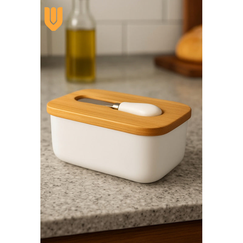 Mantequillero Ceramica Tapa Bambu Cuchillo Mantequilla Bambu