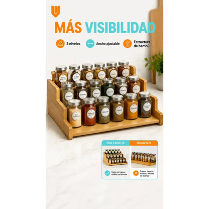 Organizador Porta Condimentos Especiero Expandible 3 Niveles Bambú Organizador Especias Expandible 3 Niveles Especiero Escalonado Cocina Despensa Condimentos Ajustable 22 A 38 Cm