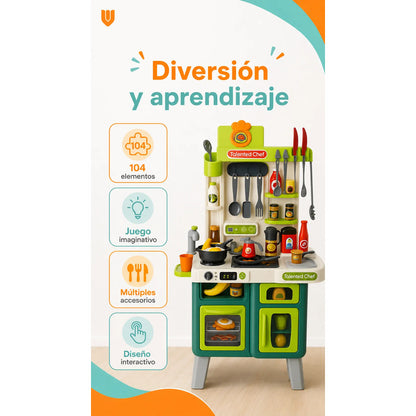 Cocina Infantil Juego Niños Juguete Set Cocina 104 Piezas Cocina Juguete Infantil 104 Piezas Juego Rol Chef Horno Grande Fregadero Ollas Utensilios Alimentos Educativa Multicolor Mediano