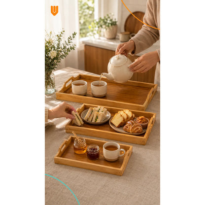 Set 3 Bandejas Asas Bambú Desayuno Servir Rectangulares Set 3 Bandejas Asas Rectangulares Asas Laterales Bordes Diseño Calado Apilables Servicio Hogar Cocina Set 3 Bandejas Asas Bambú