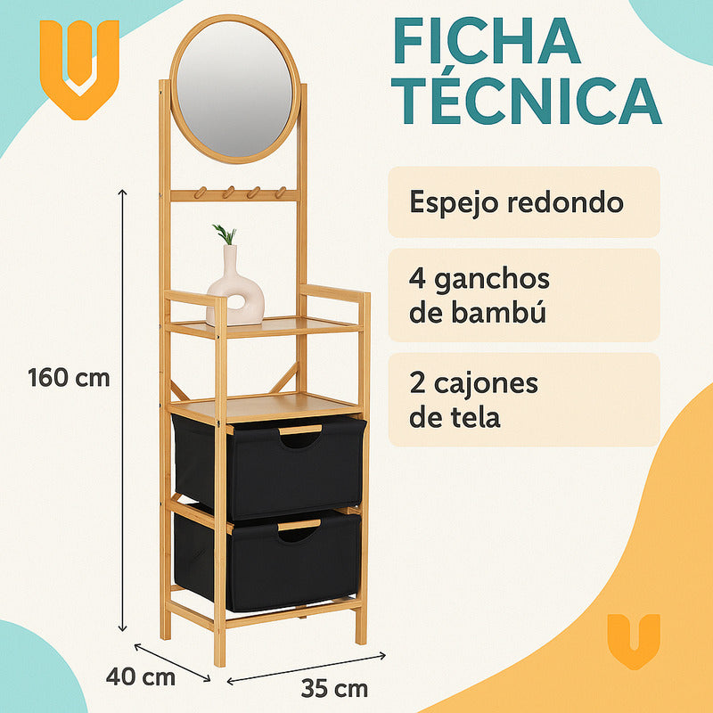 Organizador Bambú Ropa Espejo Doble Canasto Multifuncional
