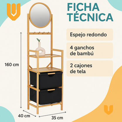 Organizador Bambú Ropa Espejo Doble Canasto Multifuncional
