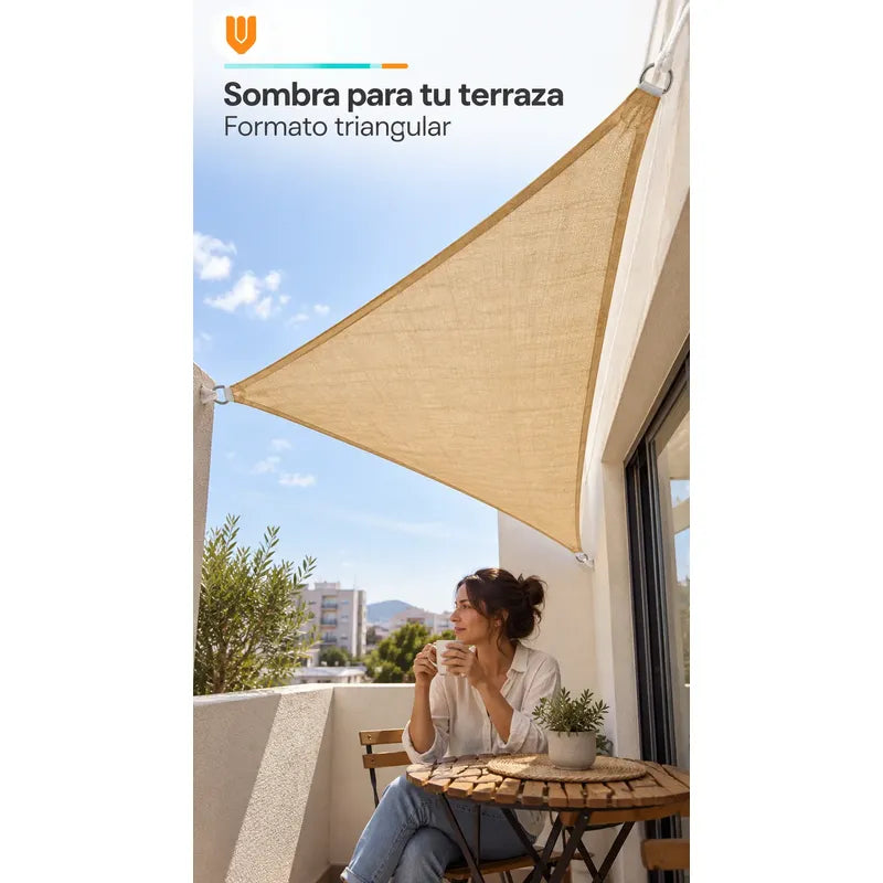 Toldo Vela Sombra Lona Cubierta Terraza Jardín 1.90x3 Metros Beige Arena Claro Dorado Suave Tonalidad Cálida Bordes Costuras Al Tono Cintas Cuerdas Blancas Argollas Plateadas 1.90 Largo X 3.03 Metros