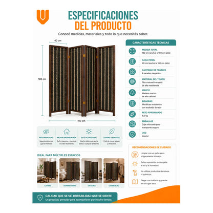 Biombo Separador Ambiente 4 Paneles Plegable Hogar 180cm Ver Biombo Tela Trenzada Panel Plegables Decoración Interior Elegante Divisor Ambientes Estilo Contemporáneo Funcional Hogar Beige