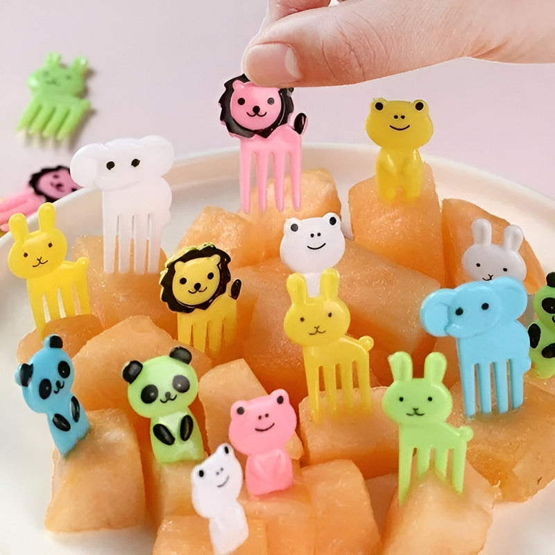 Set De 10 Mini Tenedores Pinchos Animales Lonchera Niños Mango Colores