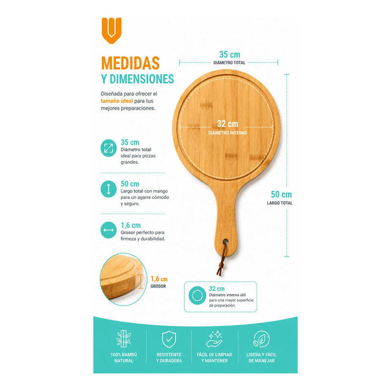 Tabla Bambu Pizza Picoteo Redonda Uso Hogar Cocina Resistent Bambú Natural Gourmet Artesanal Cocina Elegante Minimalista Rustico Premium Presentacion Pizza Picoteo Marron Natural Bambú Madera...