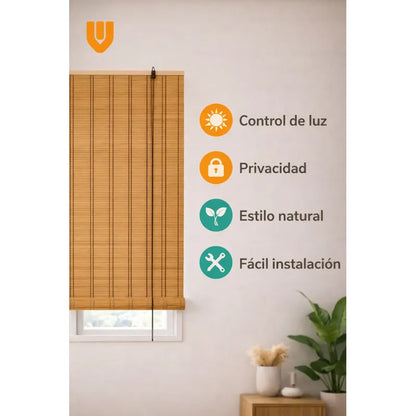 Bambu Natural Cortina Roller Enrollable Ambientes Hogar Marrón Bambu Natural Decorativo Roller Enrollable Madera Rayas Control Luz Estilo Nordico Ventanas Hogar Oficina