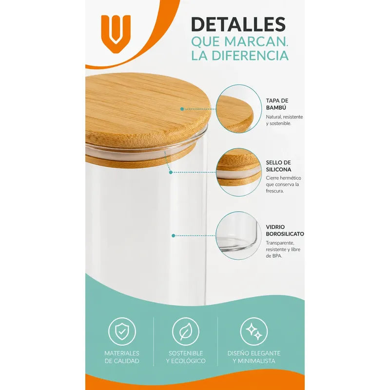 Frasco Vidrio Hermetico Bambu Conservero Hogar Cocina 500 Ml 2 Unidades Transparente Natural Bambú Cristal Claro Minimalista Cocina Gourmet Organizacion Moderna Elegante Premium