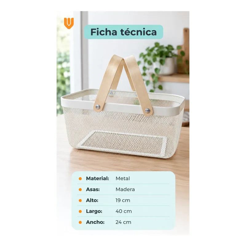 Canasta Organizadora Metal Blanco Asas Madera 40x24x19 Cm Blanco Canasta Organizadora Canasto Cesta Metal Asas Madera Malla Romboidal Orden Textiles Frutas Cocina Baño Clóset