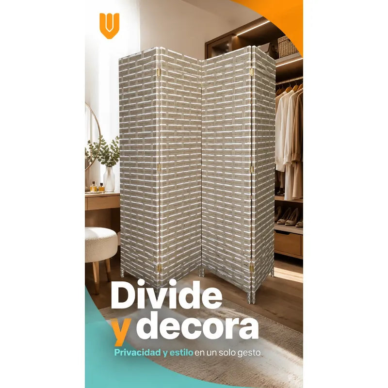 Biombo Separador Plegable Living Dormitorio Oficina 180 Cm Tejido Geométrico Trenzado Natural Líneas Horizontales Paneles Plegables Decoración Moderna Interior Elegante Premium Beige Arena Gris...