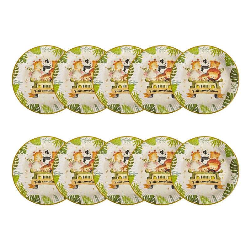 10 Plato De Carton Safari Cumpleaños Safari Animales 23 Cm Multicolor Jungla Safari