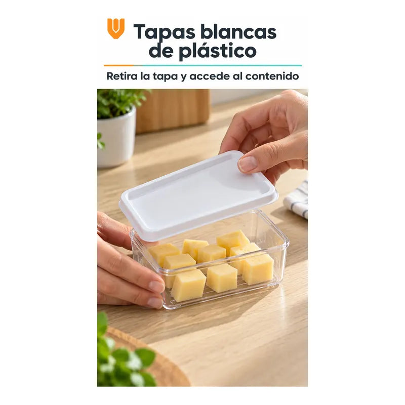 Set 6 Taper Organizadores Hermetico Tapa Conserveros Tupper Transparente Organizadores Alimentos Refrigerador Cocina Despensa Acrílico Transparente Tapas Blancas Rectangulares