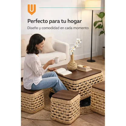 Mesa Centro Rustico Compacto Living Nordico Espacio Reducido Tono Natural Marron Claro Estilo Organico Acabado Calido Textura Ratan Visible Combinacion Madera Look Decorativo Elegante Ambiente