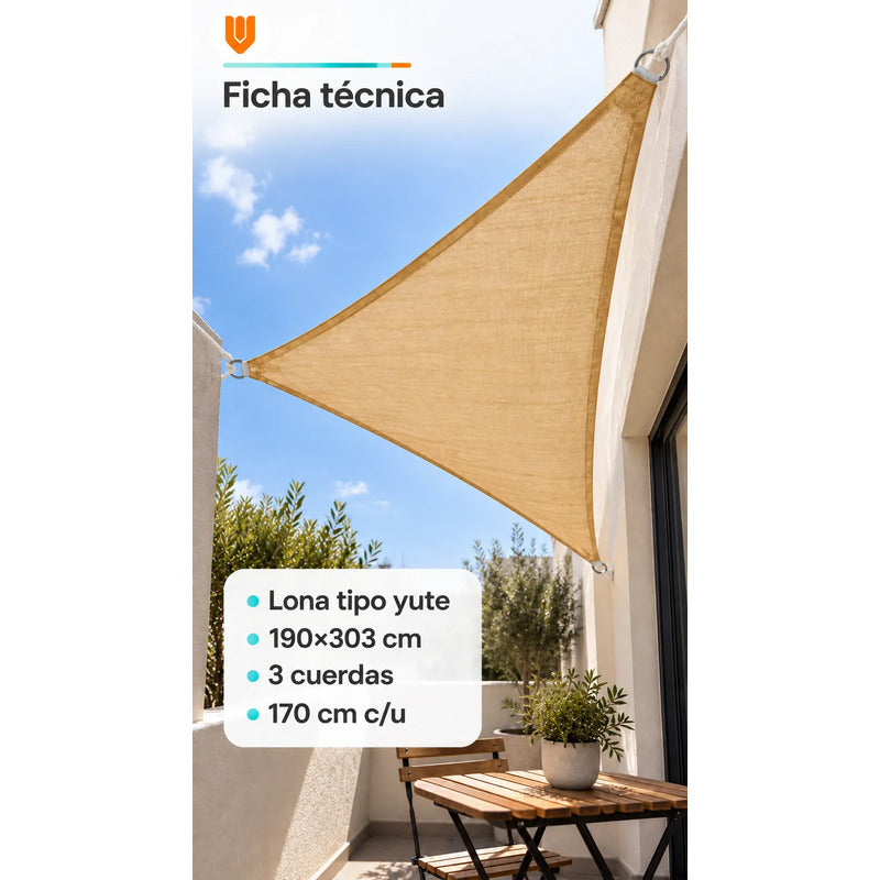 Toldo Vela Sombra Lona Cubierta Terraza Jardín 1.90x3 Metros Beige Arena Claro Dorado Suave Tonalidad Cálida Bordes Costuras Al Tono Cintas Cuerdas Blancas Argollas Plateadas 1.90 Largo X 3.03 Metros