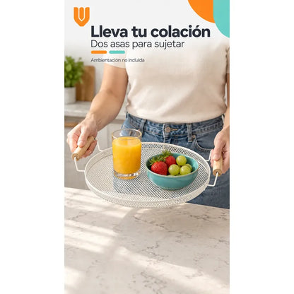 Bandeja Circular Metal Blanco Asas Madera Desayuno 28cm Blanco Bandeja Circular Redonda Malla Metal Asas Madera Base Calada Borde Bajo Servicio Desayuno Once Café Té Cocina 28cm