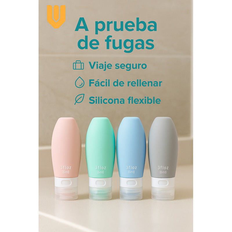 Pack 4 Botellas De Viaje De Silicona Dispensador Viaje 90ml