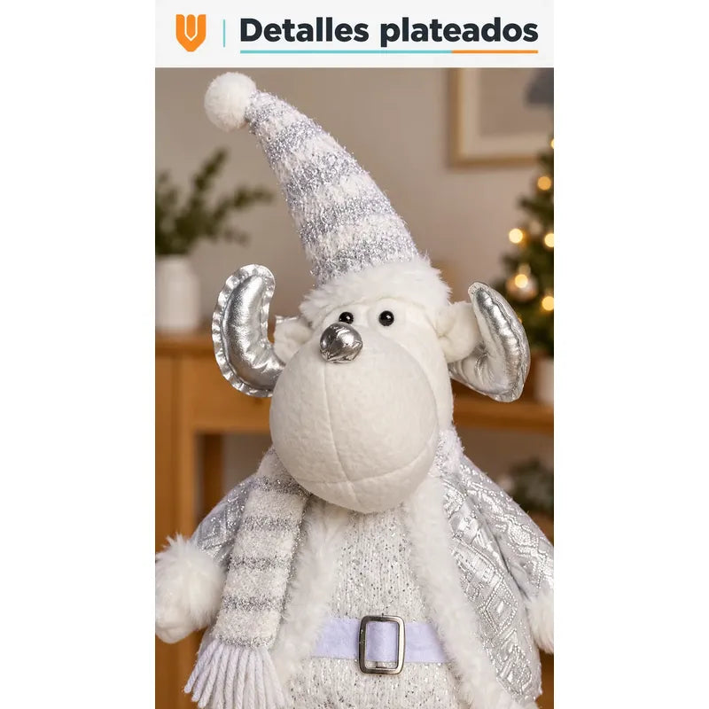Muñeco Navideño Reno 70cm Retraible Decorativo Figura Blanco Muñeco Adorno Navideño Muñeco Papá Noel Viejito Pascuero Santa Claus Gorro Barba Blanca Figura Verdes Cascabel 70cm Retraible