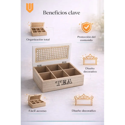 Caja Te Madera 6 Compartimentos Tapa Bambu 24x17x7 Cocina Ma Tono Madera Oscura Natural Acabado Elegante Estilo Nordico Moderno Decorativo Vetas Visibles Premium Cocina Hogar Estetica Calida