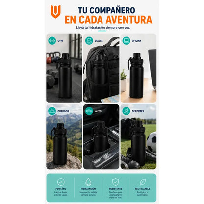 Termo Botella Acero Inoxidable Agua Termica Bebidas Camping Negro