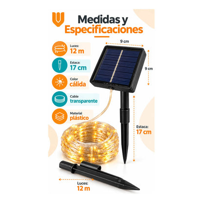 Luces Solares Decoración Navideña Guirnaldas Luz Calida 12m Luz Blanco Calido Cable Transparente Blanco Panel Solar Negro... Luz Blanco Calido Cable Transparente Blanco Panel Solar Negro...
