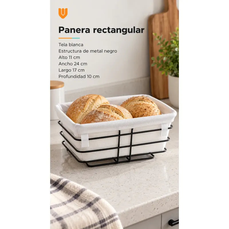 Panera Canasto Tela Rectangular 24cm Base Metal Servir Pan Anera Rectangular Canasto Pan Tela Blanca Metal Negro Cesto Abierto... 24cm
