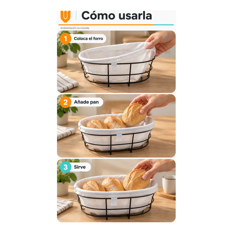 Panera Canasto Tela Ovalada 29cm Base Metal Servir Pan Blanco Panera Ovalada Canasta Pan Tela Metal Negro Borde Plegado Base... 29cm