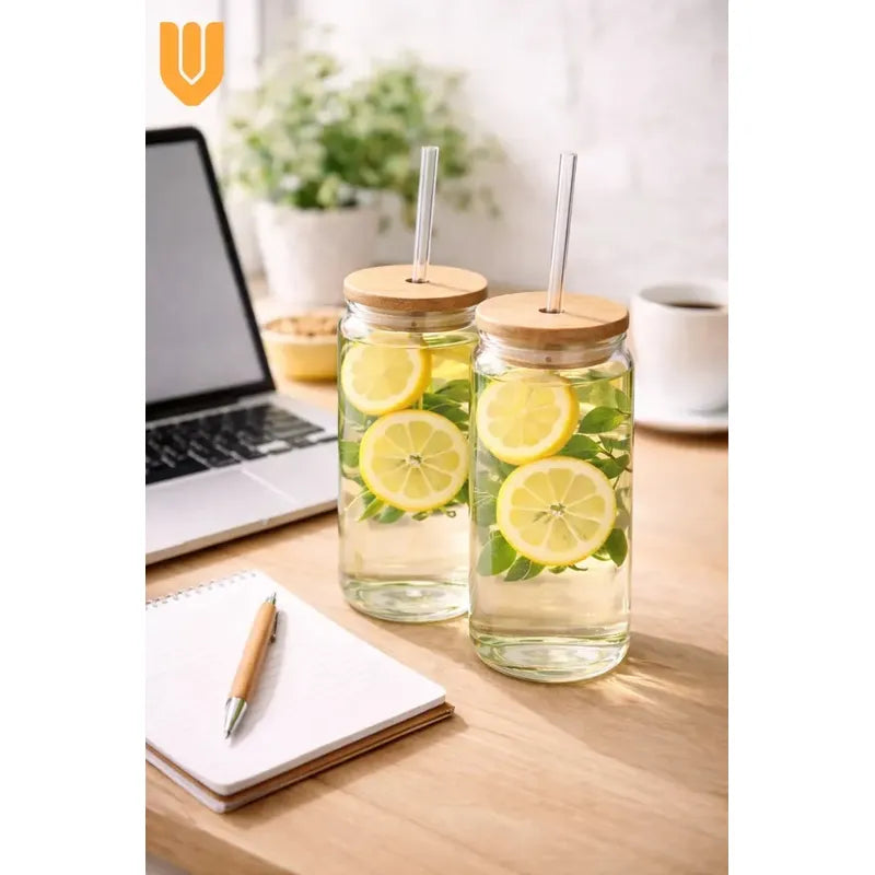 Vitrineon Cl Set 2 Vasos Vidrio 630ml Bombilla Cristal Tapa Set 2 Vasos Vidrio Transparente Tapa Bambu Bombilla Vidrio Reutilizable Apto Lavavajillas Estilo Vintage Hogar Cocina Transparente