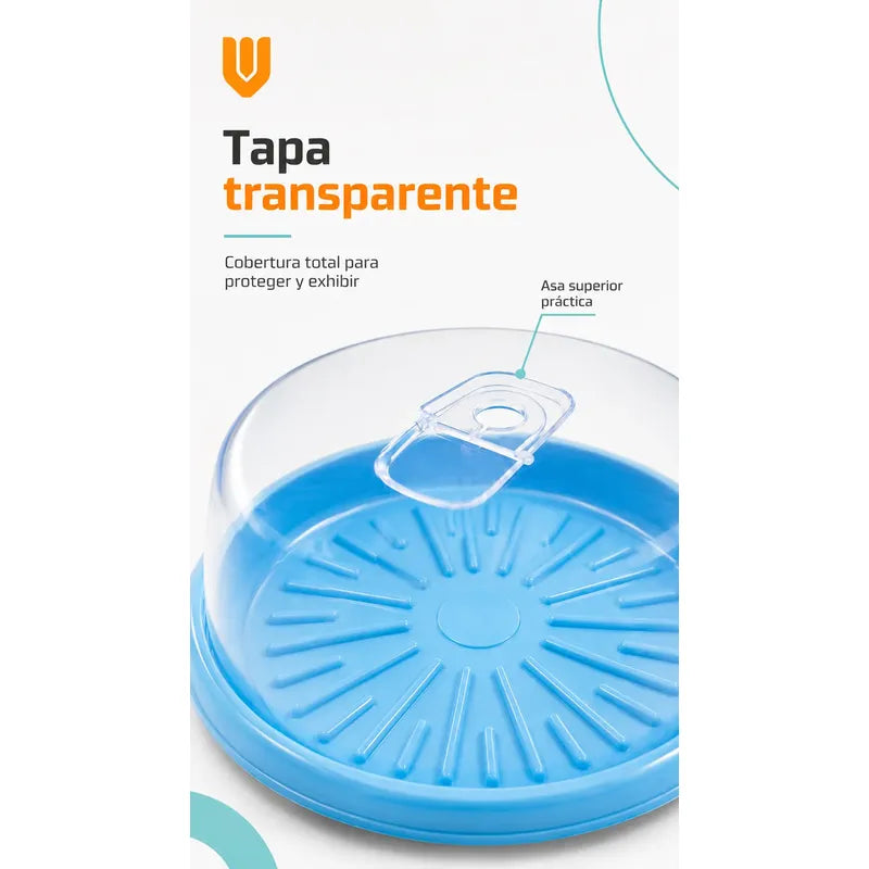 Base Tortas Bandejas Porta Cupcakes Soporte Dulces Azul Transparente Tapa Cristalina Asa Transparente Acabado Brillante Diseño Neutro Elegante Cocina Hogares Pequeño