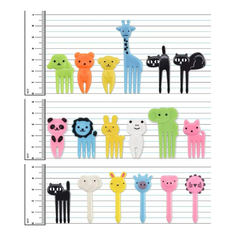 Set De 10 Mini Tenedores Pinchos Animales Lonchera Niños Mango Colores