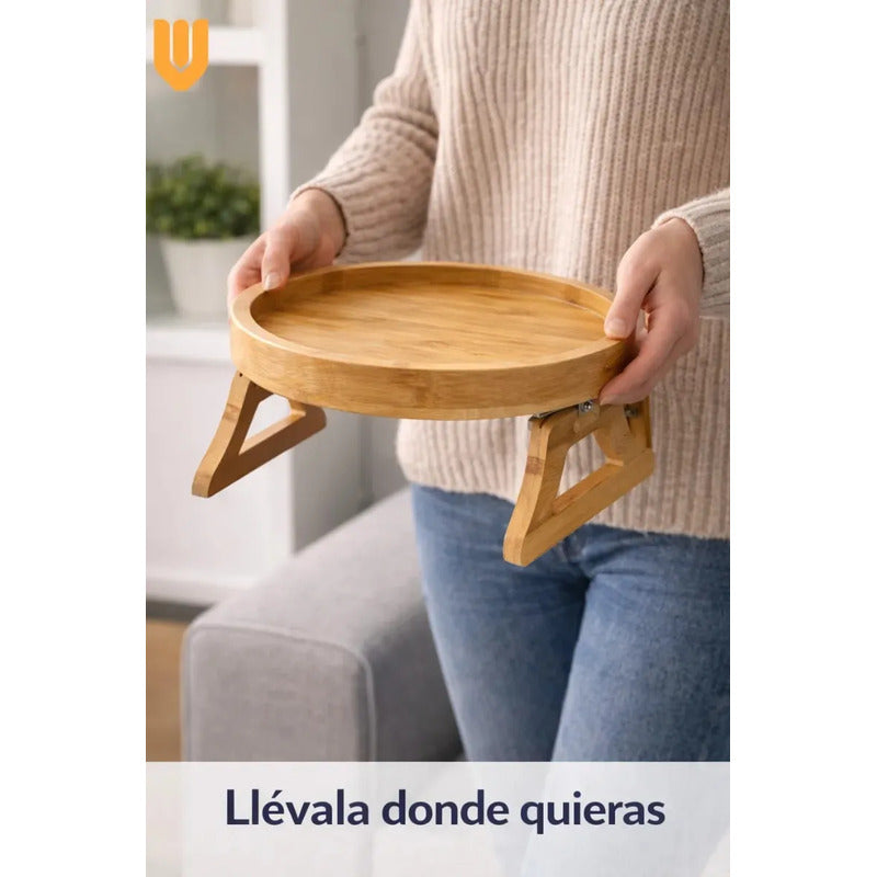 Bandeja Reposabrazos Sofa Bambú Circular Porta Vasos Premium Bandeja Madera Sofa Compacta Porta Vasos Antideslizante Soporte Tazas Organizador Hogar Living Bambu