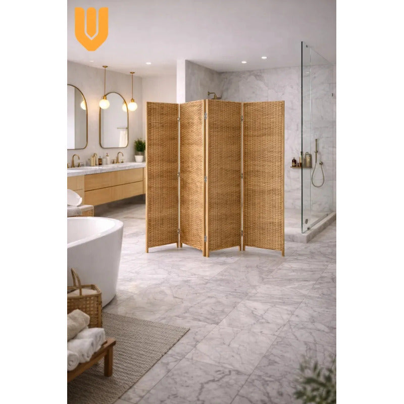 Biombo Divisor Ambientes Oficina Separador 4 Puertas 180 Cm Marron Claro Ratan Natural Tono Madera Beige Calido Decorativo Neutro Elegante Moderno Hogar Oficina Estilo Nordico Geometrico Ratan...