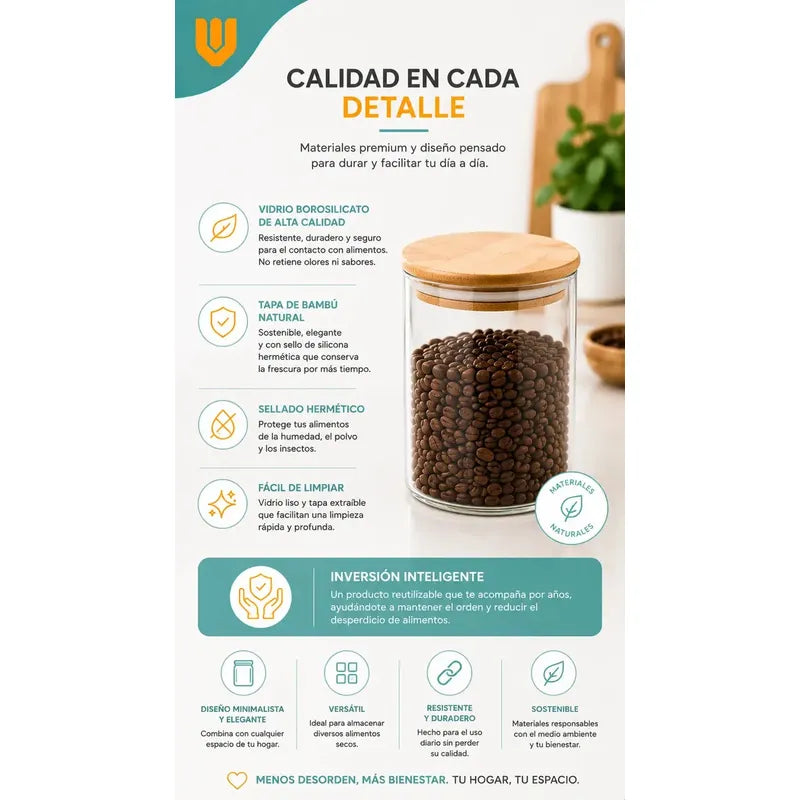 Frasco Hermético Contenedor Vidrio Tapa Bambu Gourmet 200 Ml 3 Unidades