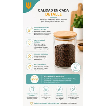 Frasco Hermético Contenedor Vidrio Tapa Bambu Gourmet 200 Ml 4 Unidades