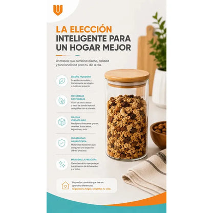 Frasco Vidrio Cocina Hermetico Cilindrico Tapa Bambu 250 Ml 8 Unidades
