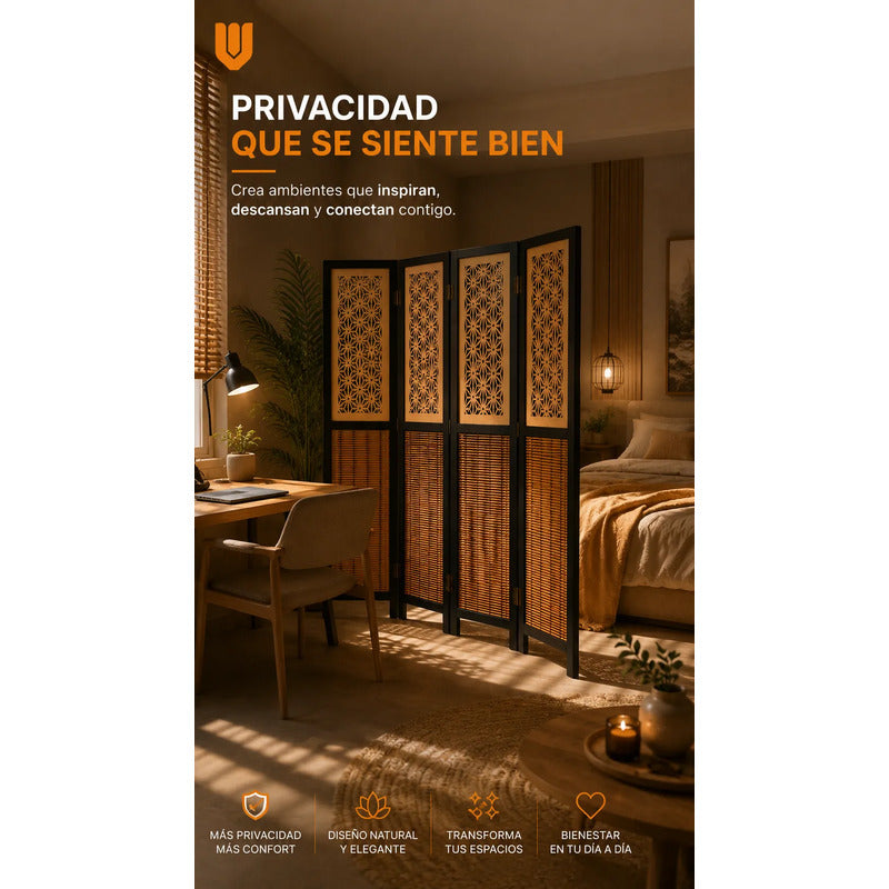 Biombo Separador 4 Puertas Oficina Divisor Ambientes 180 Cm Biombo Decorativo Separador Ambientes Moderno Plegable 4 Paneles Bambú Natural Living Dormitorio Oficina Marrón Negro Beige Bambú...