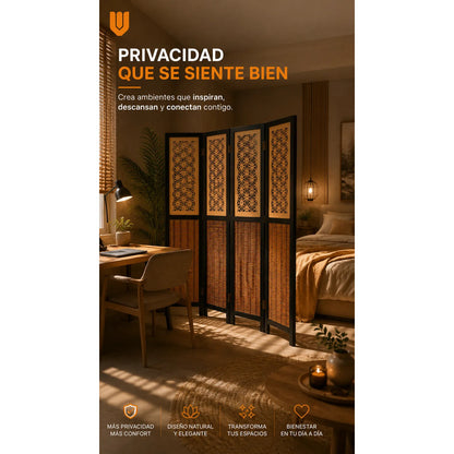 Biombo Separador 4 Puertas Oficina Divisor Ambientes 180 Cm Biombo Decorativo Separador Ambientes Moderno Plegable 4 Paneles Bambú Natural Living Dormitorio Oficina Marrón Negro Beige Bambú...