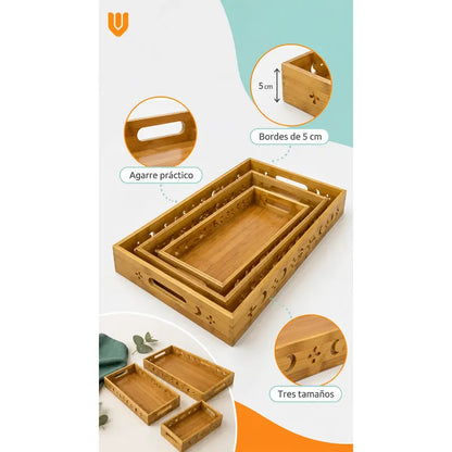 Set 3 Bandejas Desayuno Rectangular Bambú Servir Decorativas Set 3 Bandejas Bambú Rectangulares Asas Laterales Bordes Diseño Calado Apilables Servicio Hogar Cocina Set 3 Bandejas Desayuno