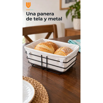 Panera Canasto Tela Rectangular 24cm Base Metal Servir Pan Anera Rectangular Canasto Pan Tela Blanca Metal Negro Cesto Abierto... 24cm
