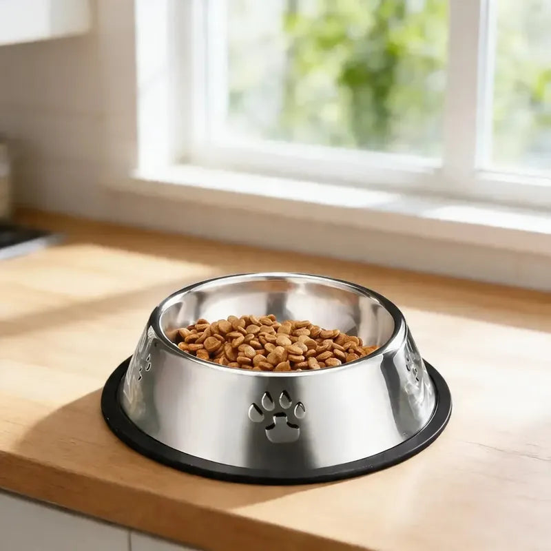 Plato Perros Gatos Base Goma Evita Derrames Higiene 26 Cm Gr Metalico Plateado Tono Brillante Acero Inoxidable Resistente Agua Mascotas Estilo Moderno Visual Limpio Durabilidad Alta