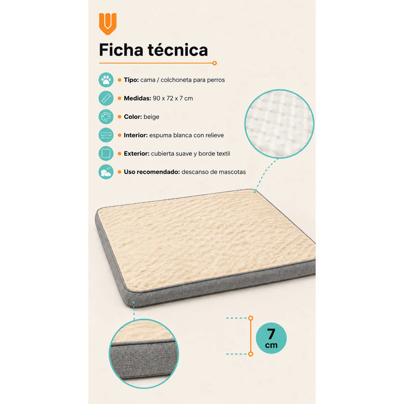 Cama Mascotas Perros Acolchada Resistente Lavable 90x72cm Color Beige